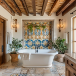 med_bath_reclaimed_beams_encaustic_tile_floors_tile_mural_freestanding_soaker_olives_potted_herbs