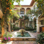 private_outdoor_mediterranean_courtyard_fountain_bougainvillea_olives_jasmine_arched_exits_tiled_indo