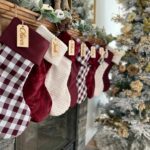 Personalized Christmas Burgundy Stocking, Maroon Plaid Christmas Decor, Personalized Soft Fur Xmas Mantle, Farmhouse Christmas Sock